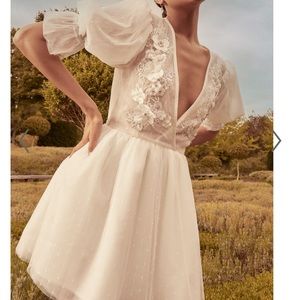 AKSHIA MINI DRESS - PUFF SLEEVE FLORAL DETAIL PLUNGE NECK DRESS IN WHITE